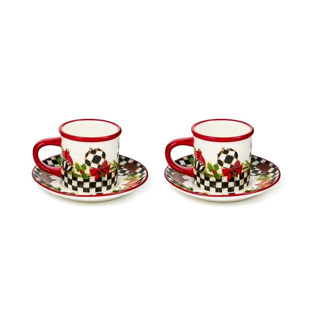 MacKenzie-Childs Deck the Halls Espresso Cup & Saucer Set of 2 in Original Box